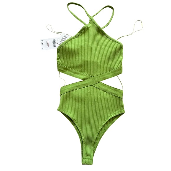 Zara Tops - Zara Lime Green Ribbed Knit Cutout Halter Bodysuit 0858/811/540 Womens Size S